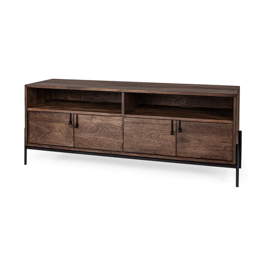 Glenn IV Dark Brown Wood w/ Black Iron Frame Media Console w/ Storage, TV Stand for TV up to 71"