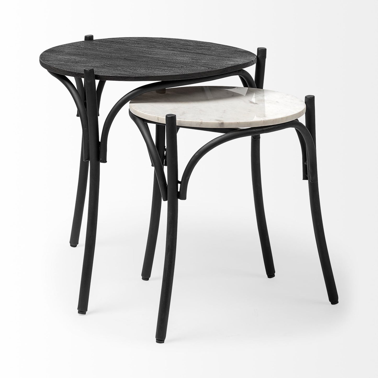 Etienne VII 24" Set of Two Round Top Black Wood and Marble Top Nesting Table