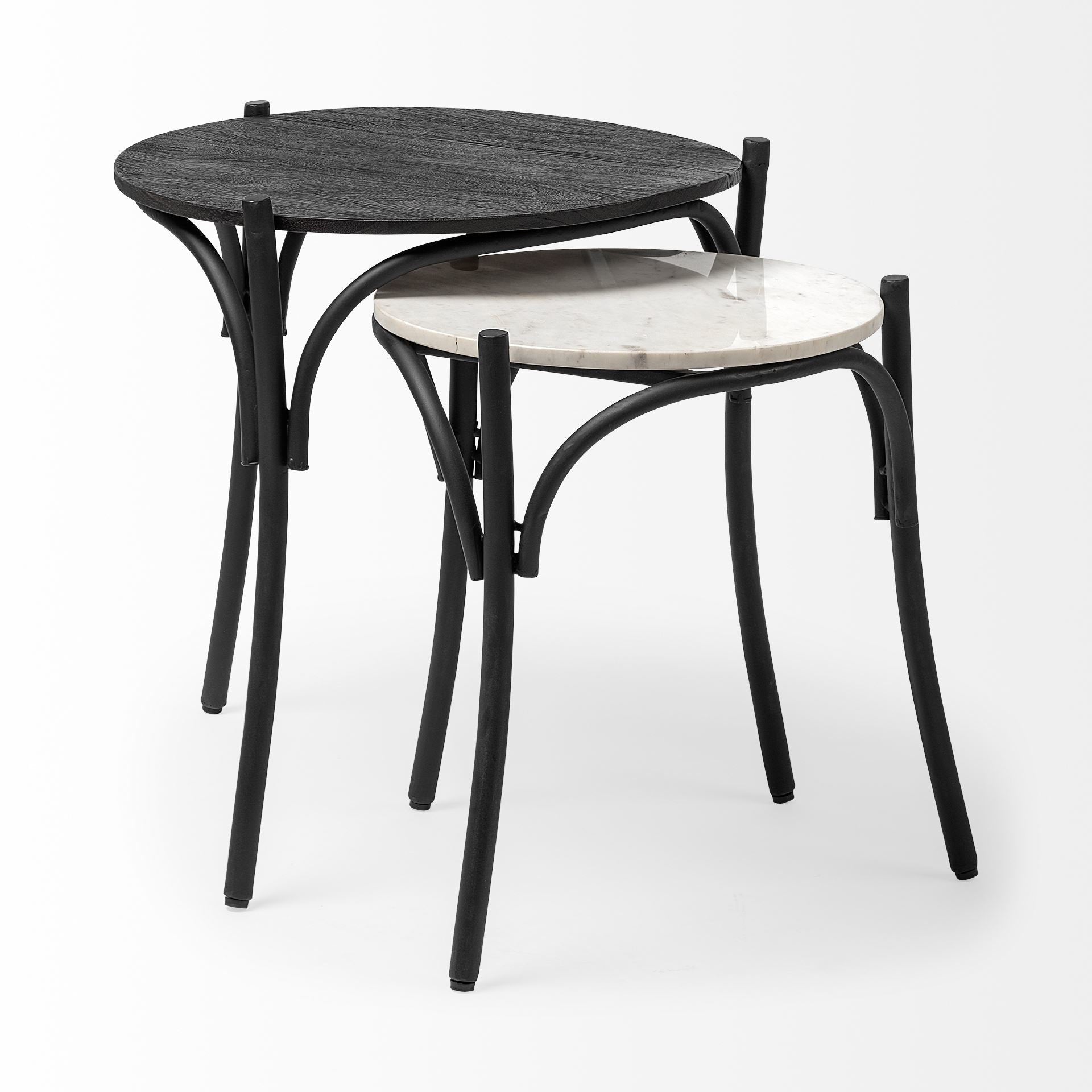 Etienne VII 24" Set of Two Round Top Black Wood and Marble Top Nesting Table