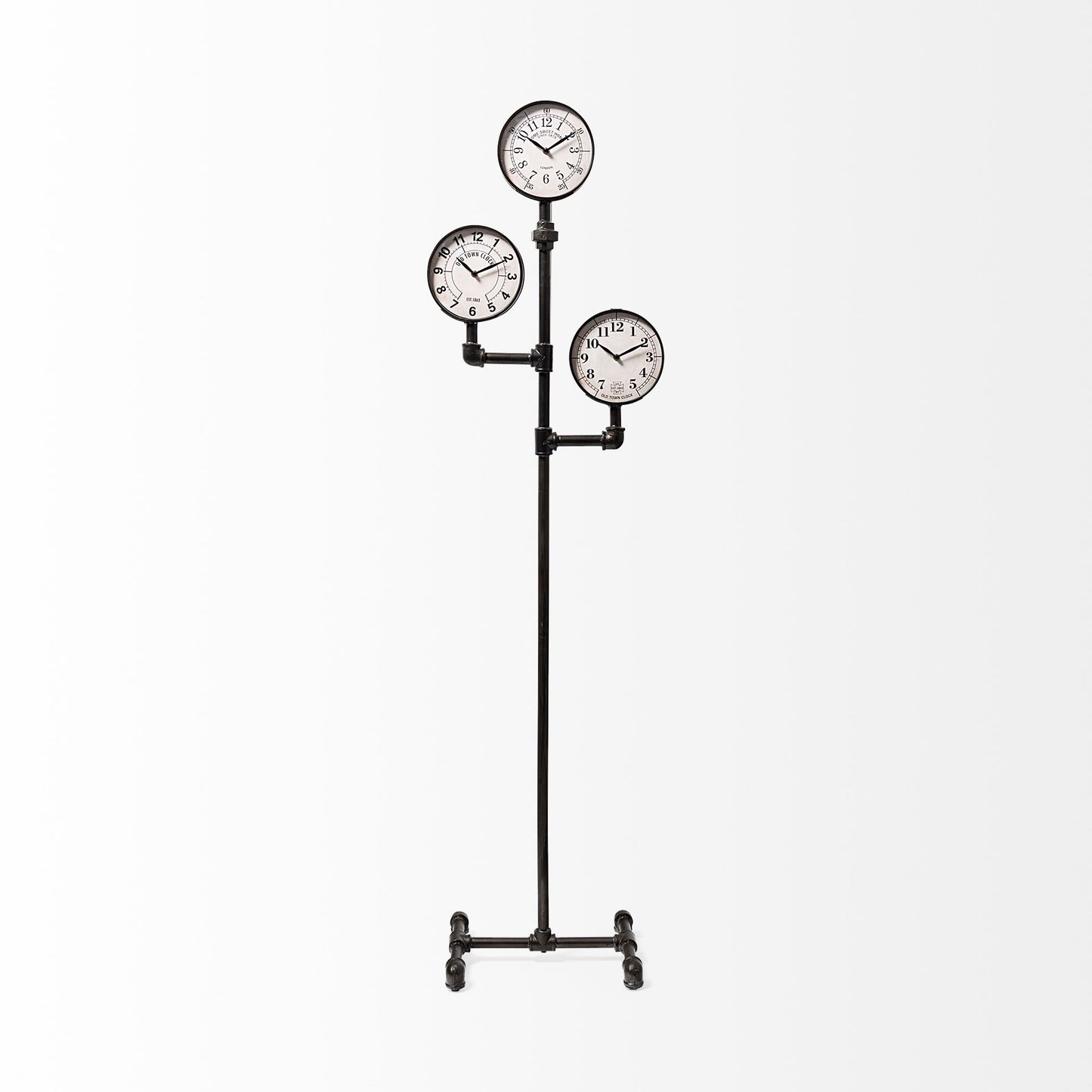 Trifect Black Iron Pipe Three Face Floor Clock