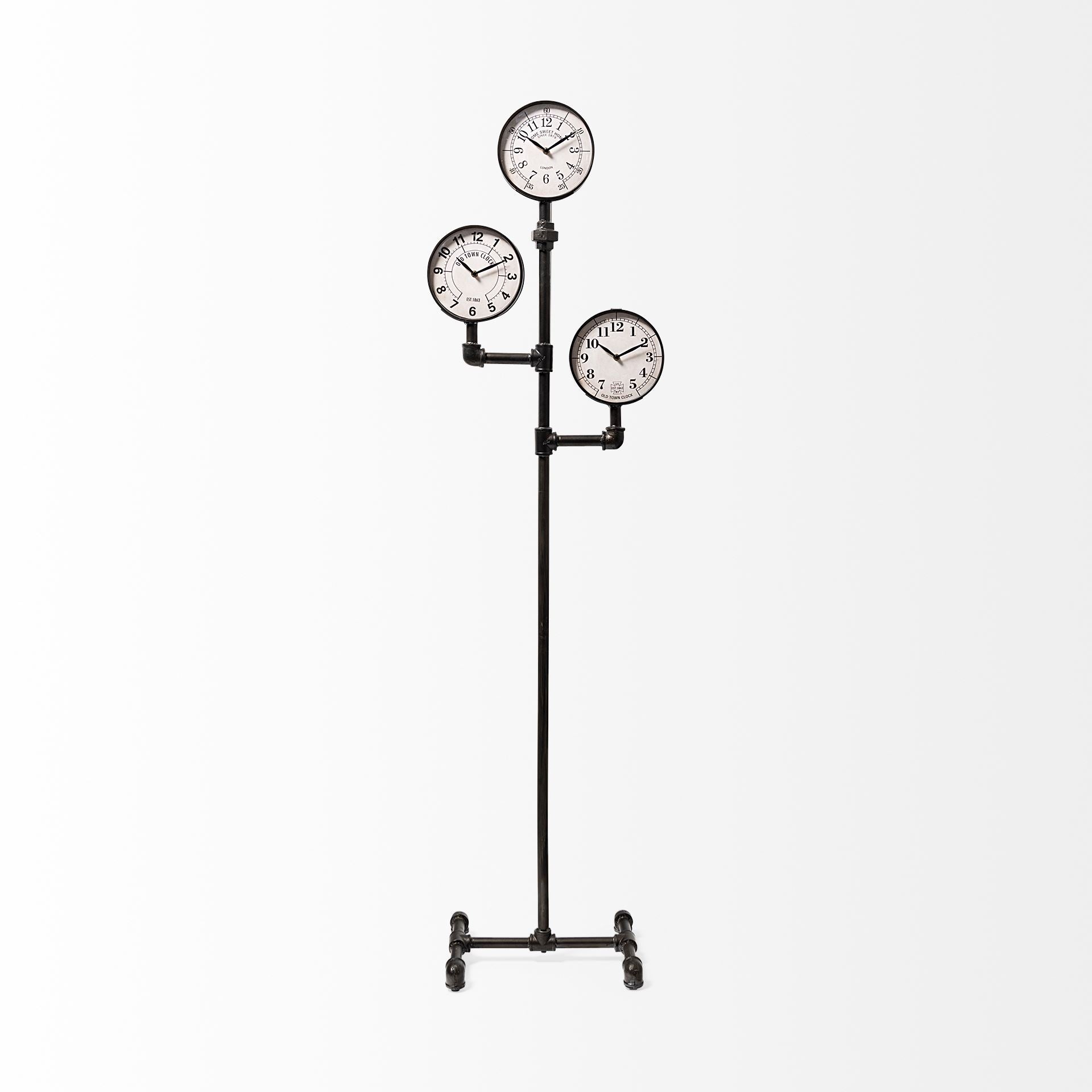 Trifect Black Iron Pipe Three Face Floor Clock