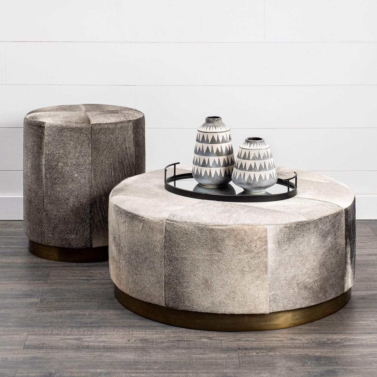 Zahavi Ottoman Gray Hair-On-Hide | Gold Metal | 20W - ottoman-and-poufs