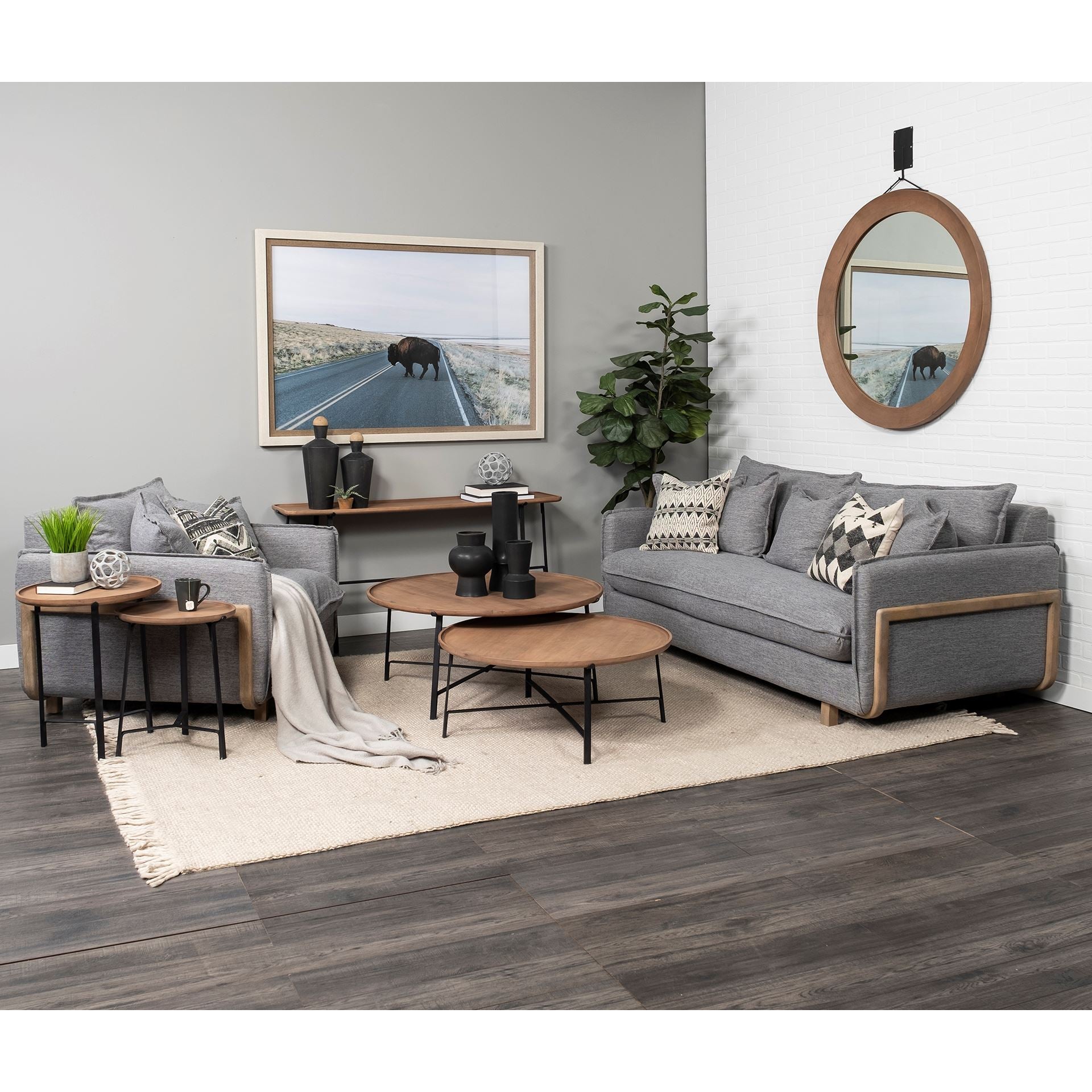 Roy II Castlerock Gray Upholstered and Brown Wood Frame Arm Chair