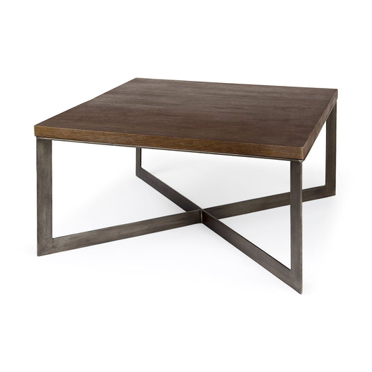 Faye 34L x 34W x 17H Medium Brown Wood W/Antique Nickel Metal Base Square Coffee Table