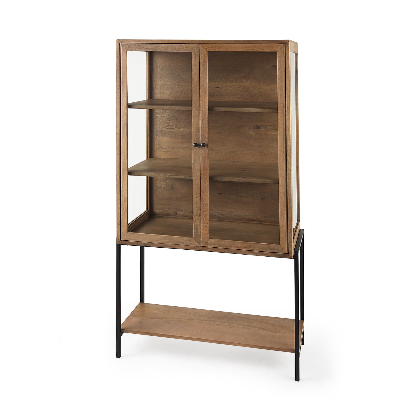 Arelius 36L x 18.75W x 63H Light Brown Wood W/ Black Metal Base Display Cabinet