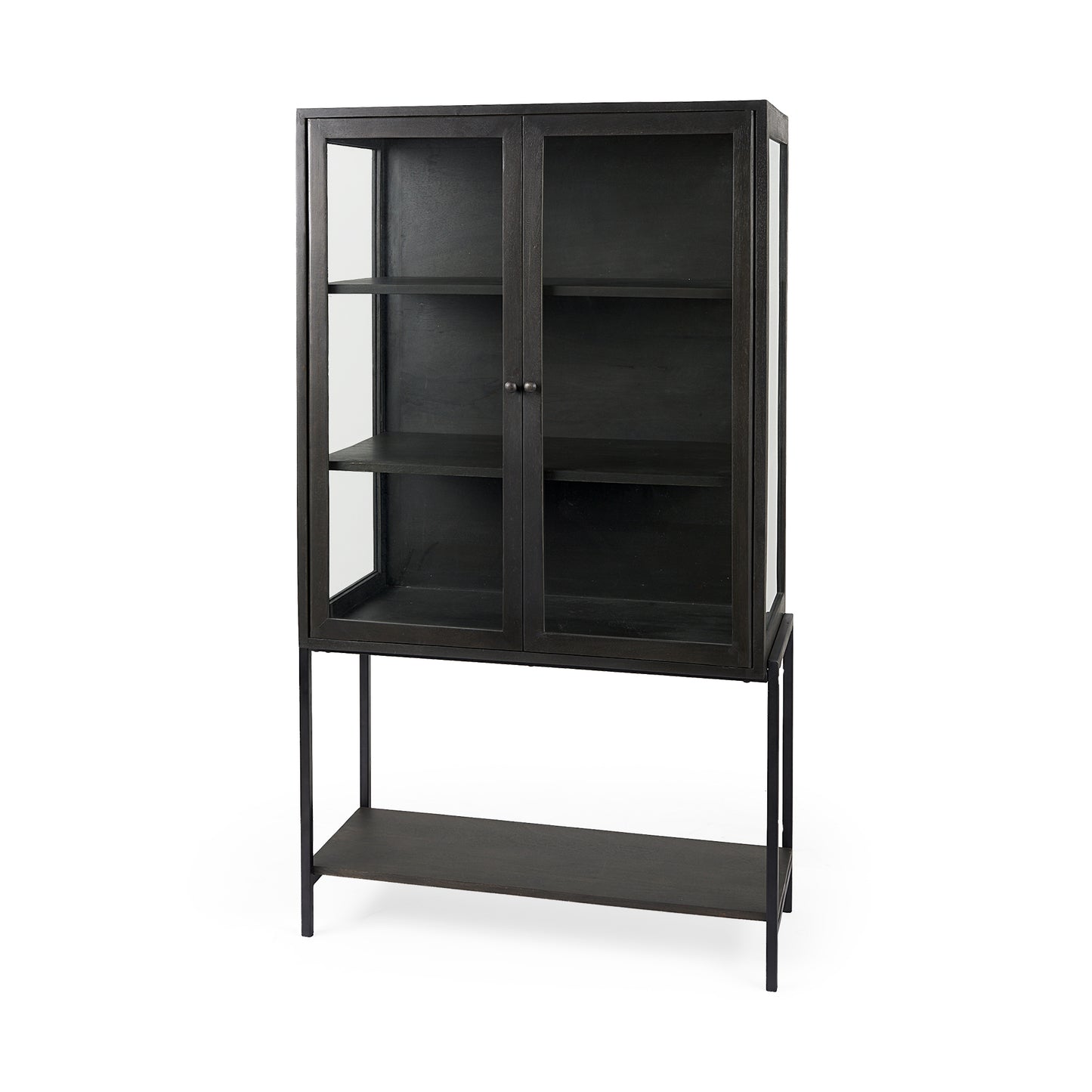 Arelius 36L x 18.75W x 63H Black-Brown Wood W/ Black Metal Base Display Cabinet