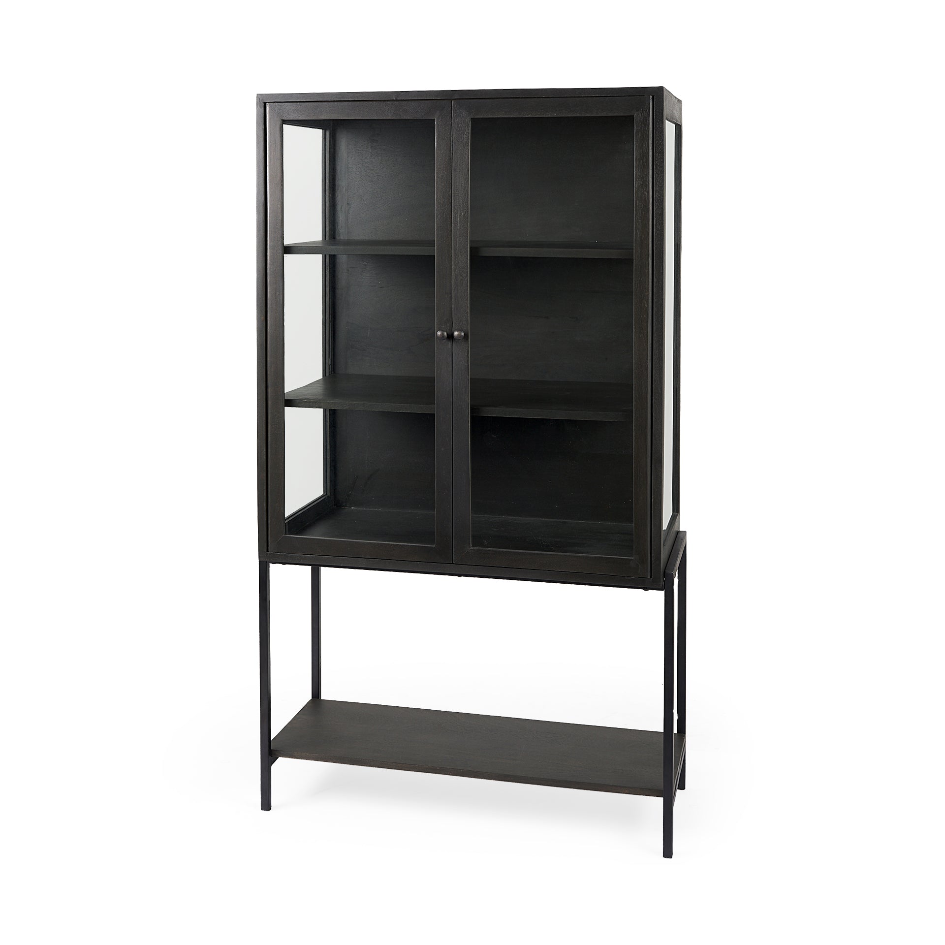 Arelius 36L x 18.75W x 63H Black-Brown Wood W/ Black Metal Base Display Cabinet