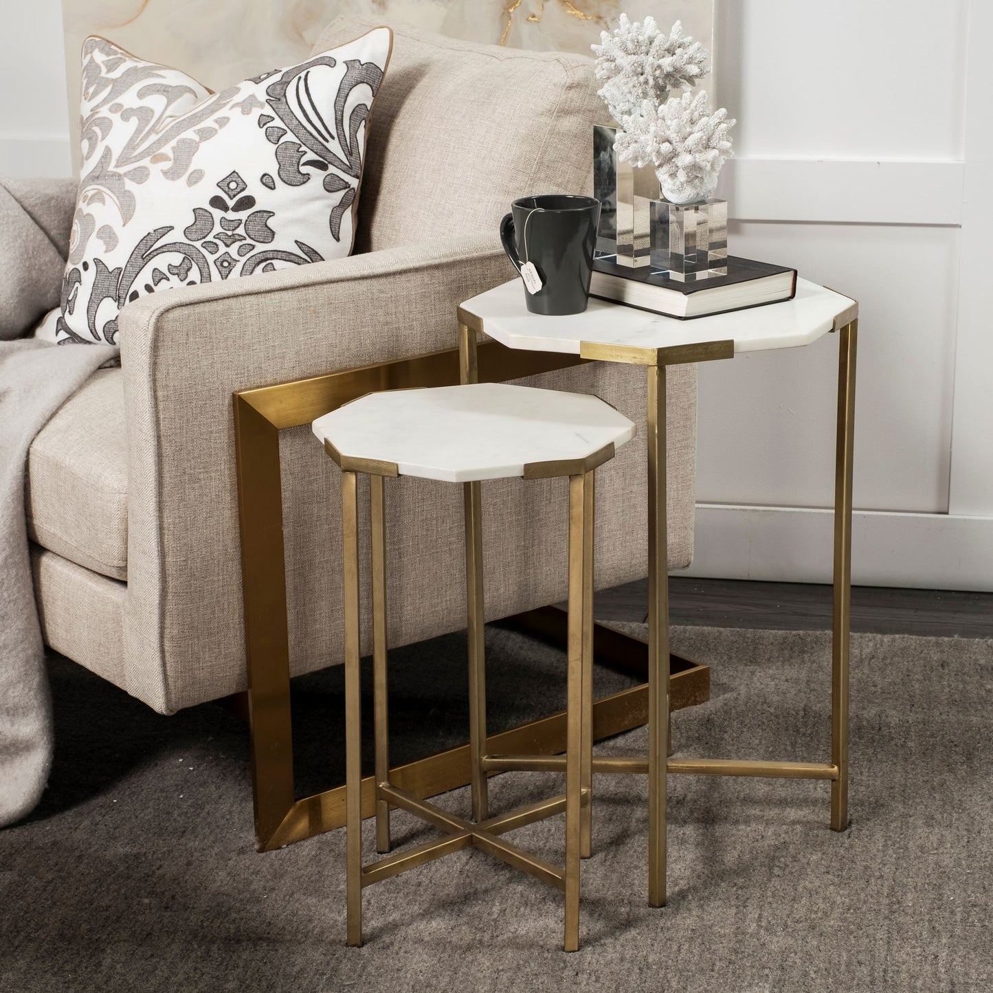 Vincent End Side Table White Marble | Gold Iron | Set of 2 - end-and-side-tables