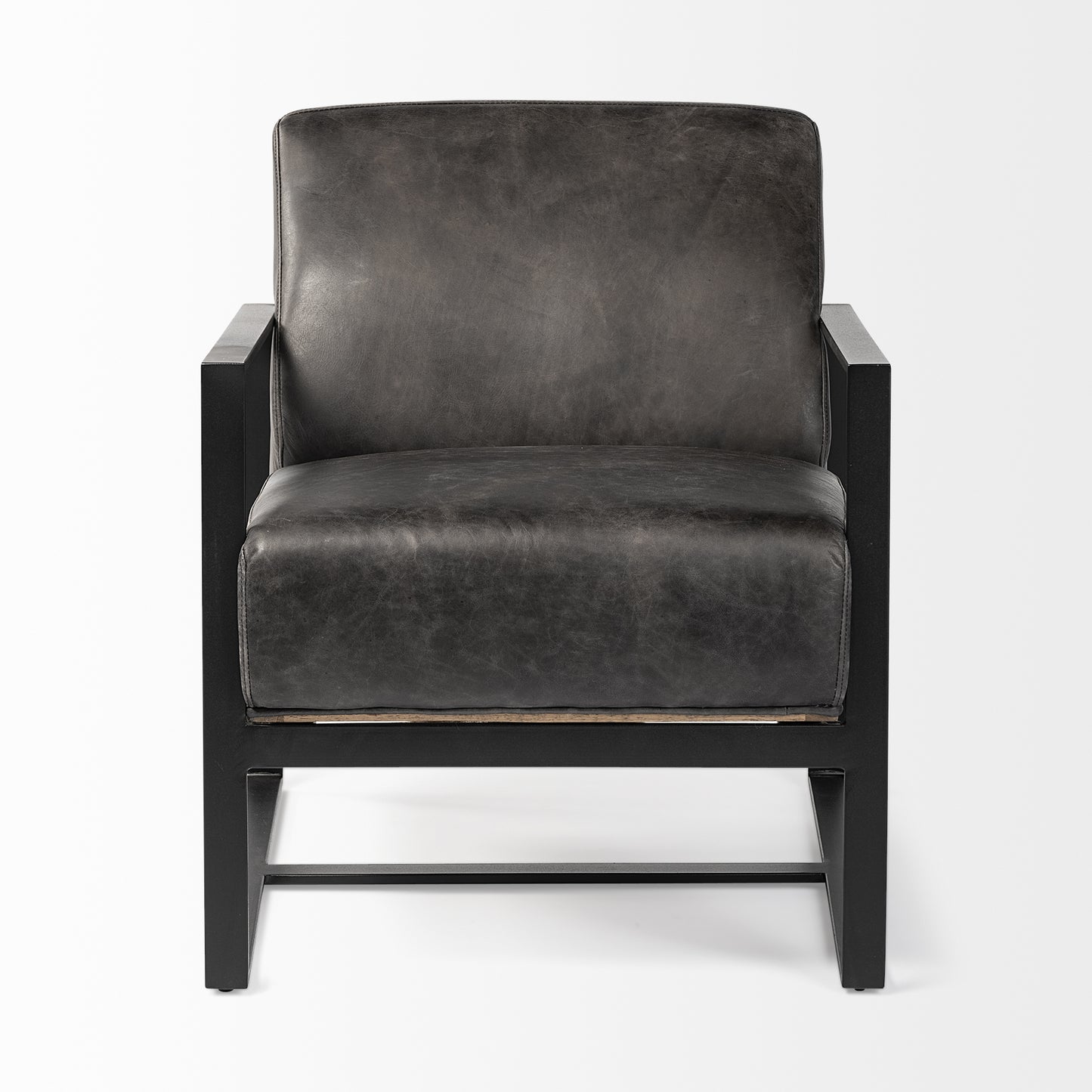 Stamford Black Genuine Leather Seat w/ Wood Back, Metal Frame Accent Chair