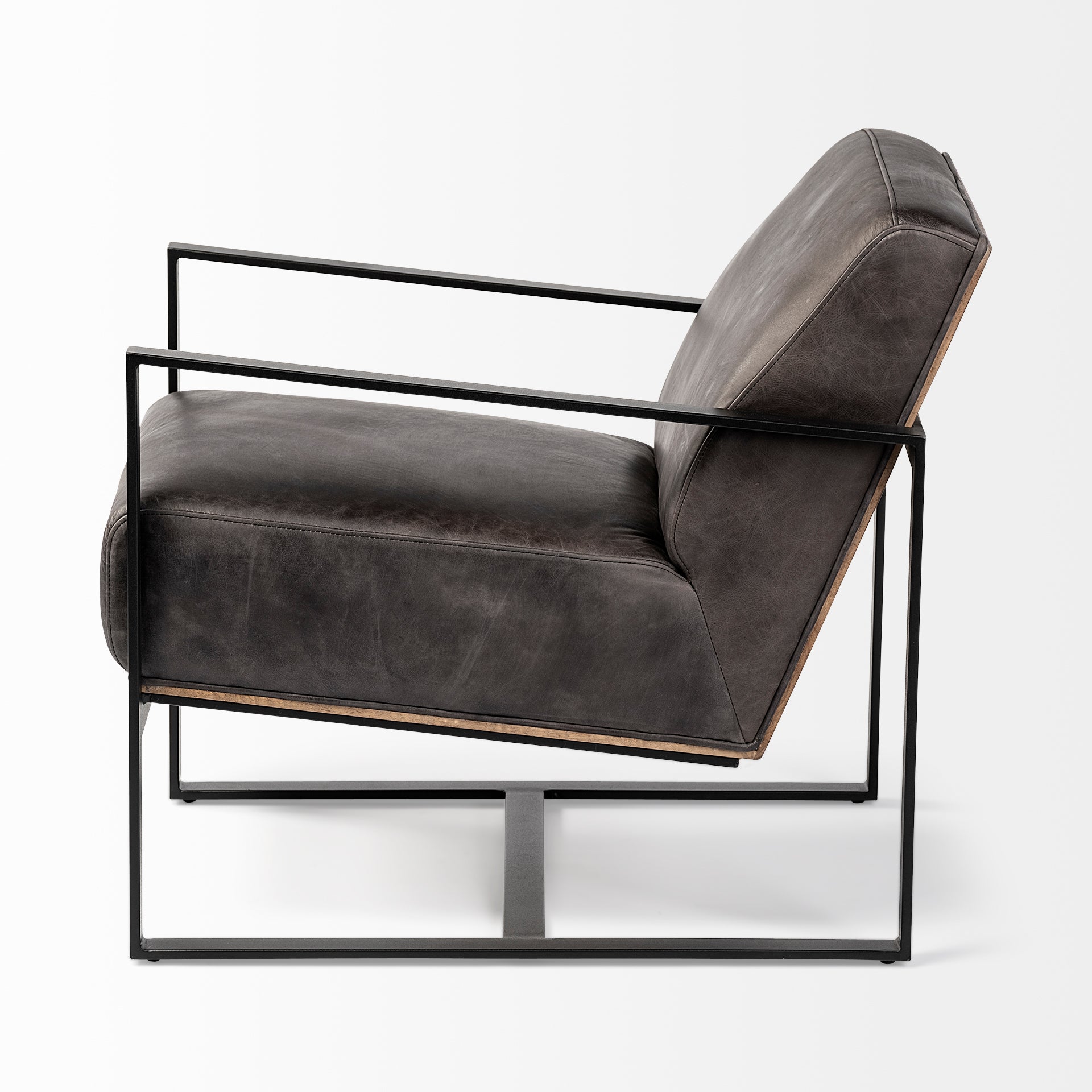 Stamford Black Genuine Leather Seat w/ Wood Back, Metal Frame Accent Chair