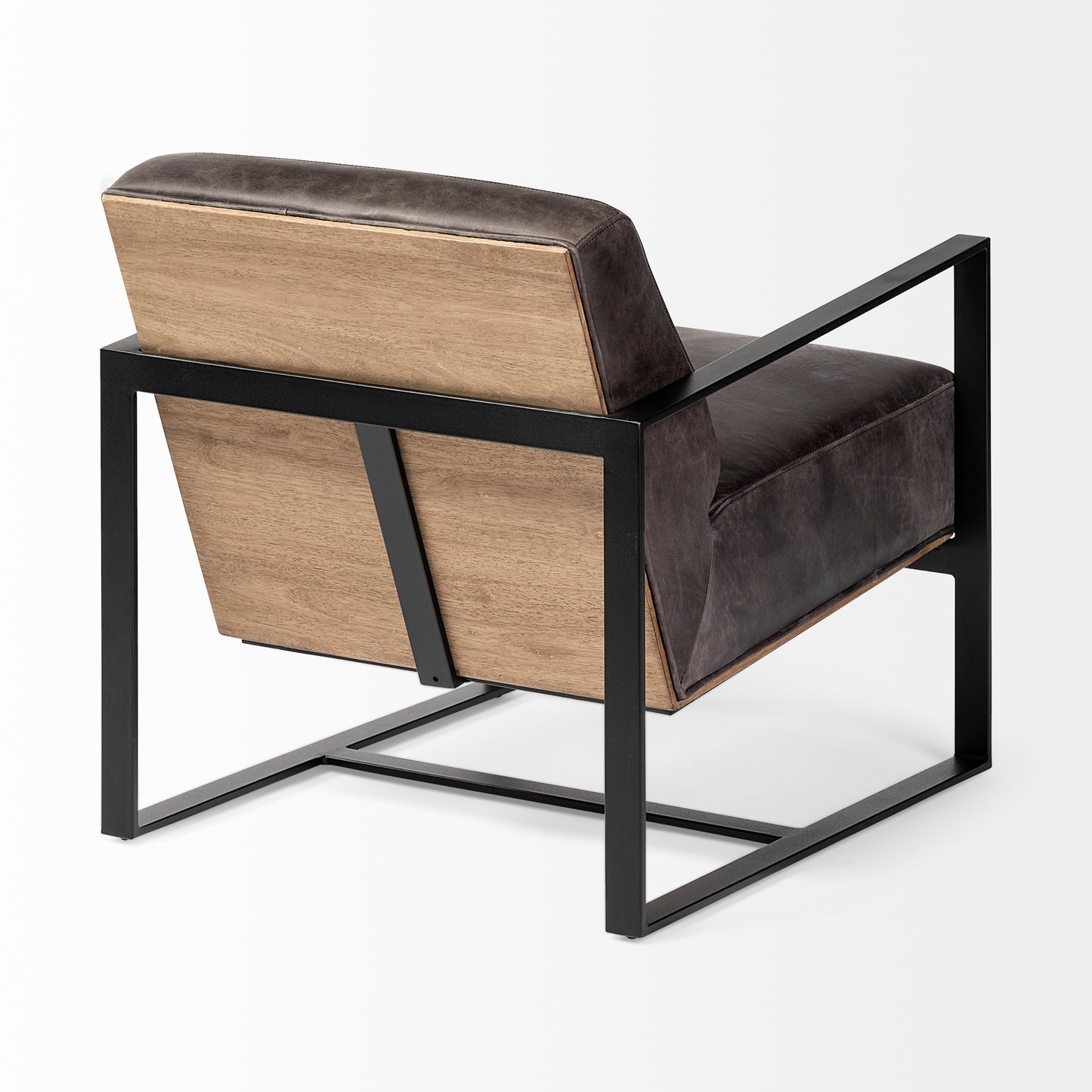 Stamford Black Genuine Leather Seat w/ Wood Back, Metal Frame Accent Chair