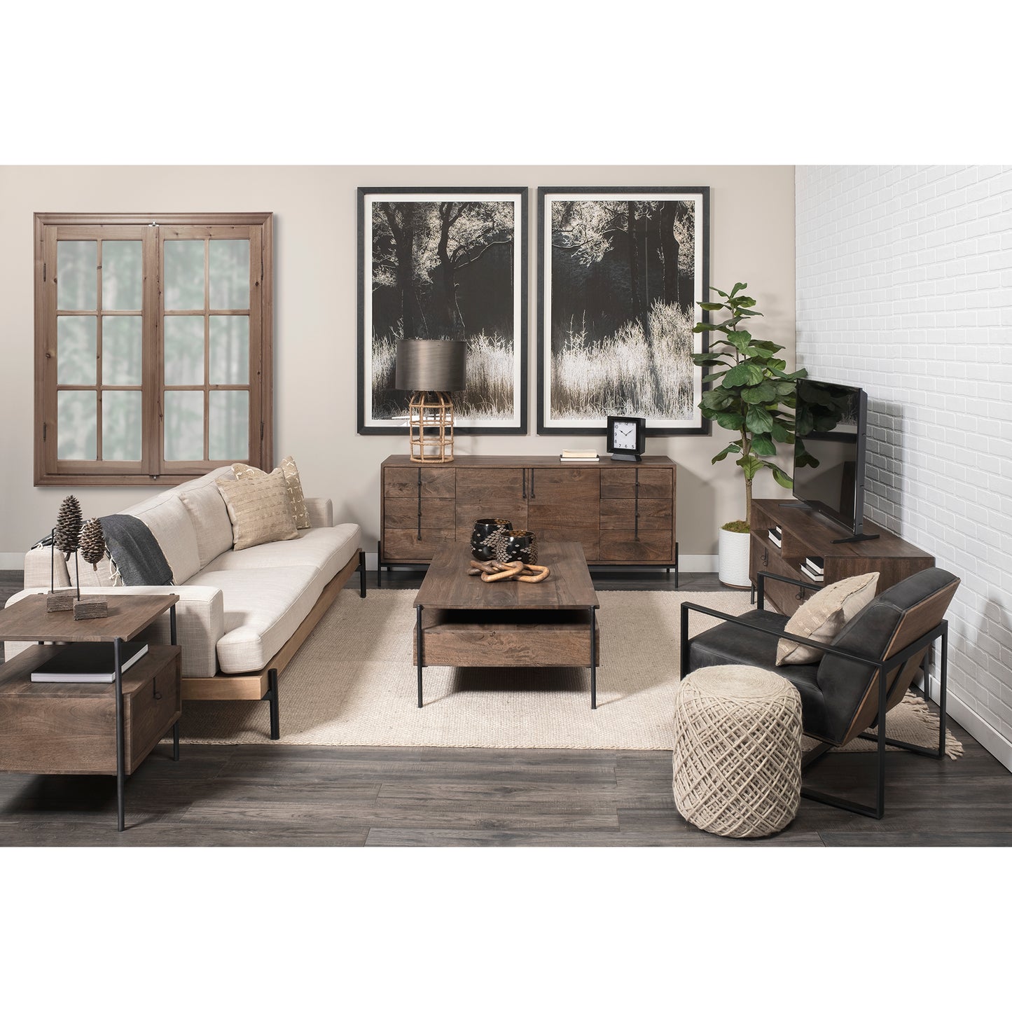 Stamford Black Genuine Leather Seat w/ Wood Back, Metal Frame Accent Chair