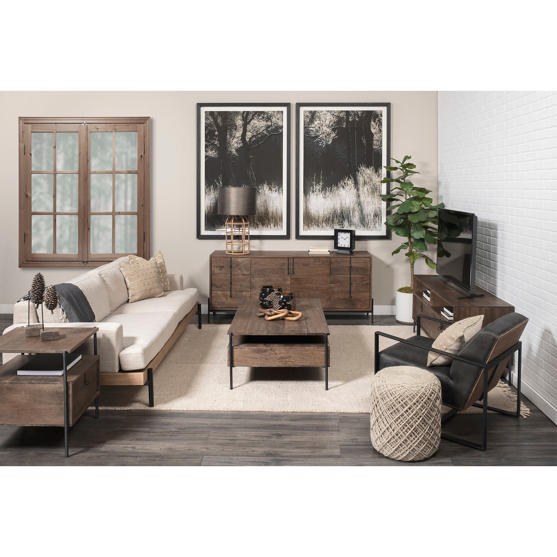 Stamford Black Genuine Leather Seat w/ Wood Back, Metal Frame Accent Chair