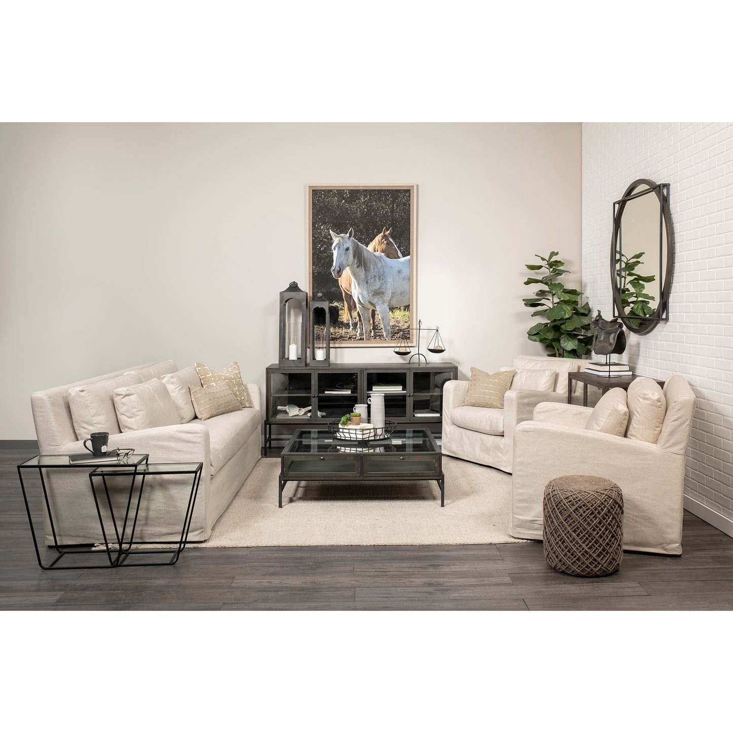 Denly II 92.5W  Beige Slipcover Three Seater Sofa