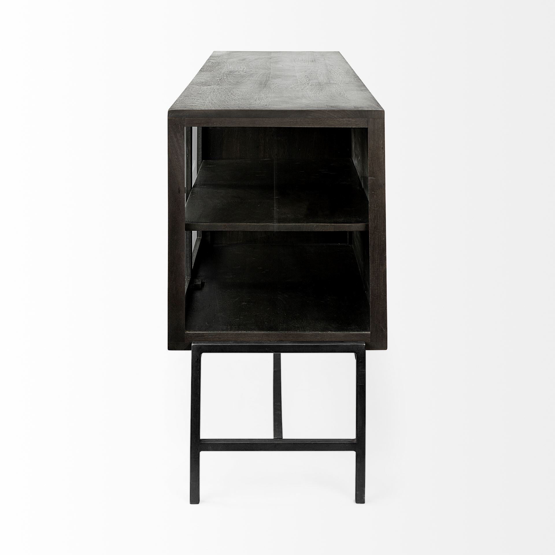 Arelius 70L x 18.75W x 32H Black-Brown Wood, Black Metal Base w/ 4 Glass Cabinet Doors Sideboard