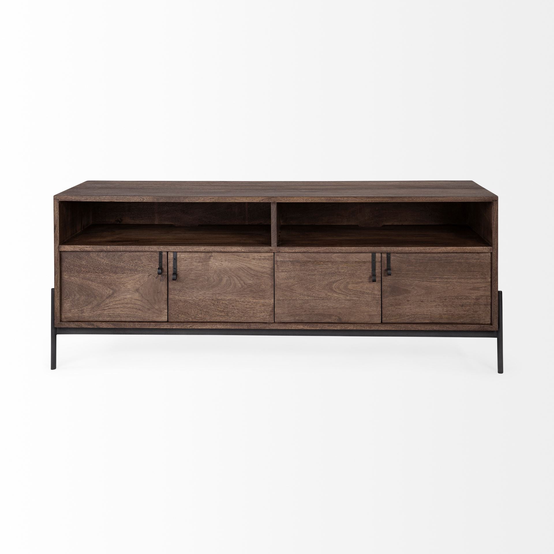 Glenn IV Dark Brown Wood w/ Black Iron Frame Media Console w/ Storage, TV Stand for TV up to 71"