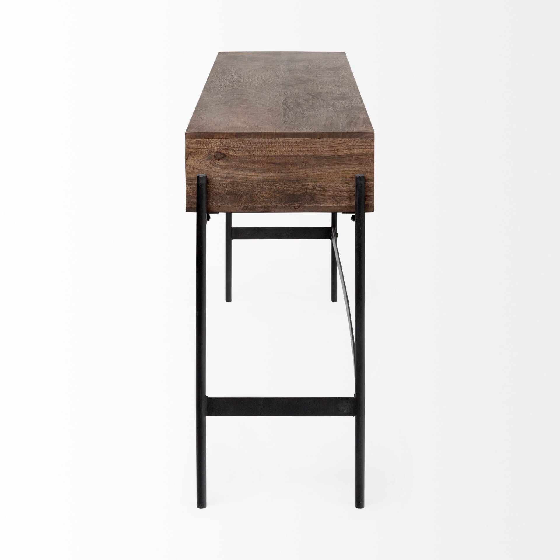Glenn III 56L x 14W Dark Brown Wood w/ Black Iron Frame, 4 Drawer Console Table