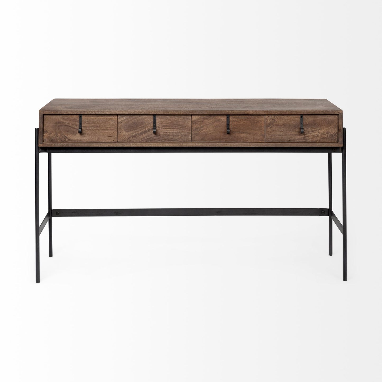 Glenn III 56L x 14W Dark Brown Wood w/ Black Iron Frame, 4 Drawer Console Table