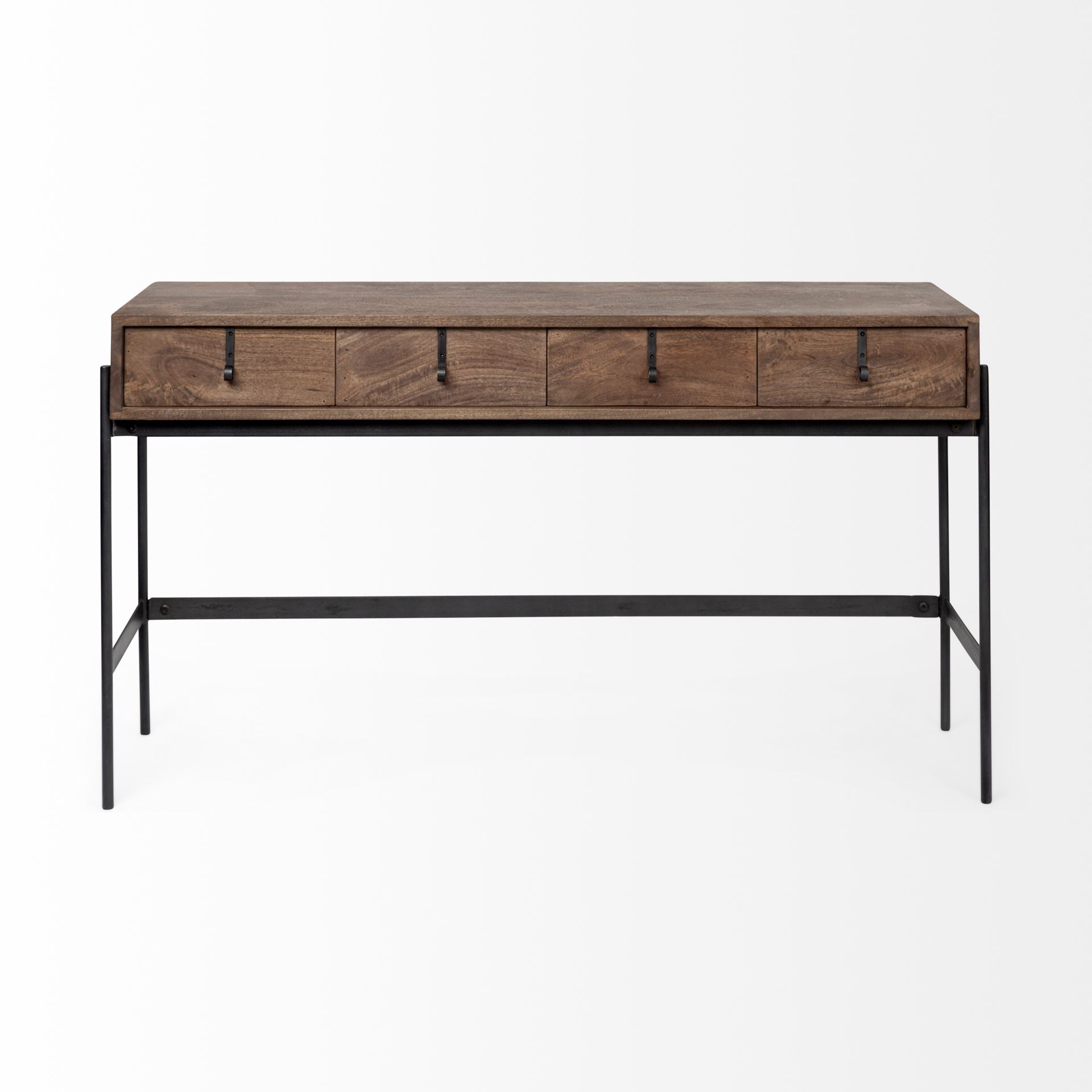 Glenn III 56L x 14W Dark Brown Wood w/ Black Iron Frame, 4 Drawer Console Table