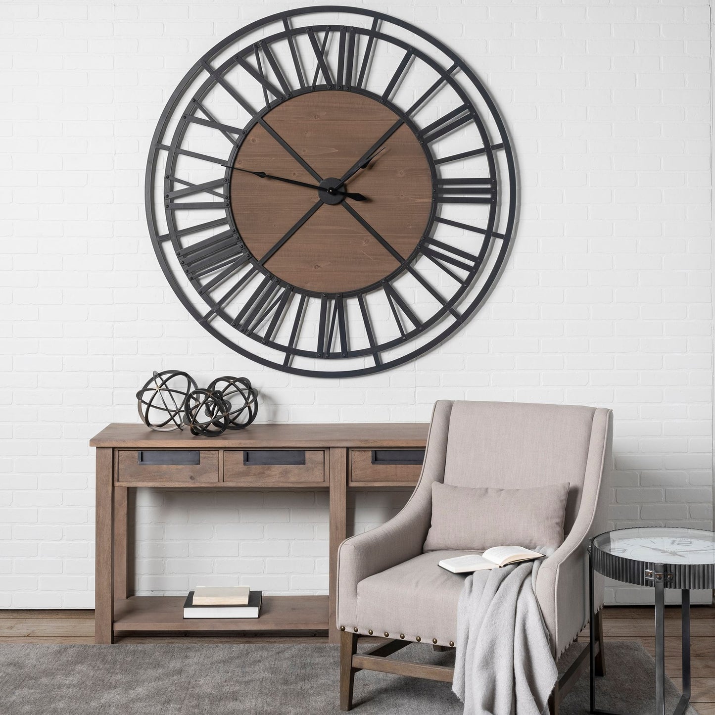 Lewiston Wall Clock Brown Wood | Black Metal | 59’’ - wall-clocks