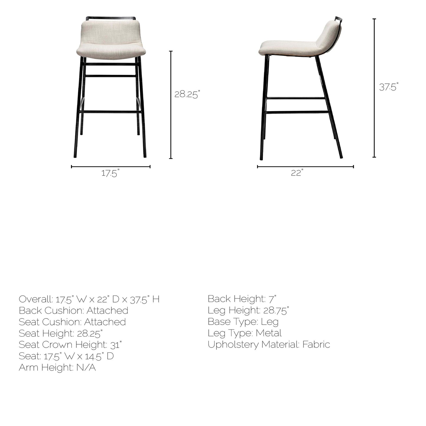 Kavalan Bar Counter Stool Beige Fabric | Gray Metal | Bar - bar-stools