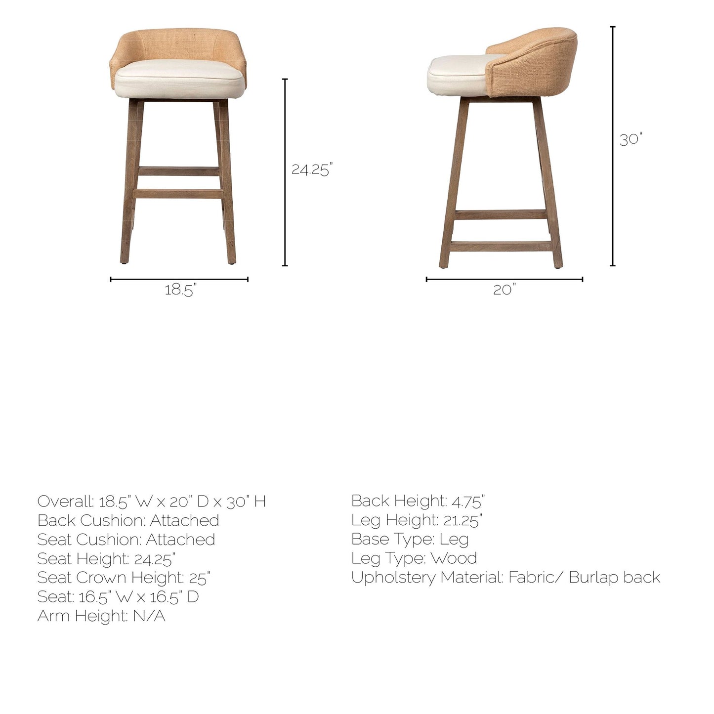 Monmouth Bar Counter Stool Cream Fabric | Brown Wood | Counter - bar-stools