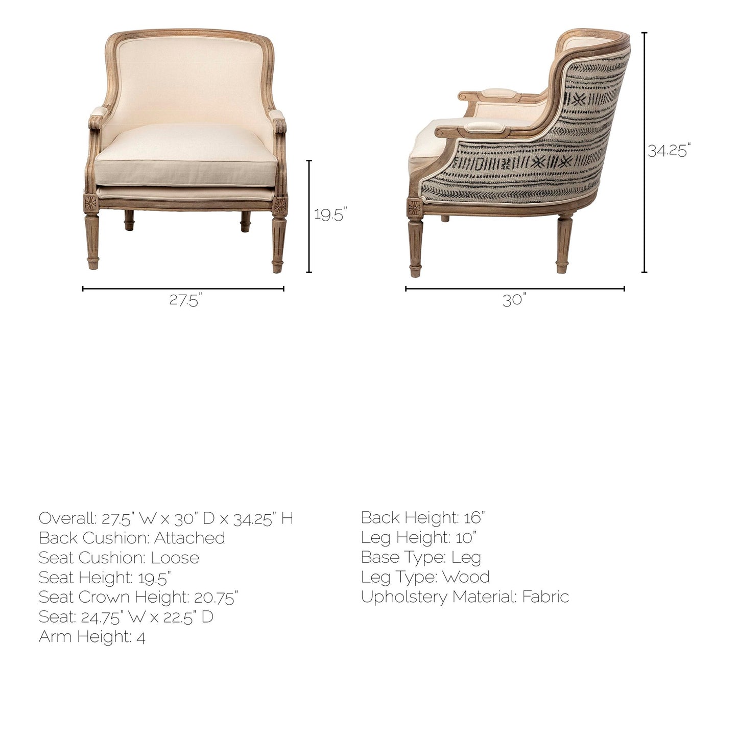 Elizabeth Upholstered Accent Chair Cream Fabric | Brown Wood - accent-chairs