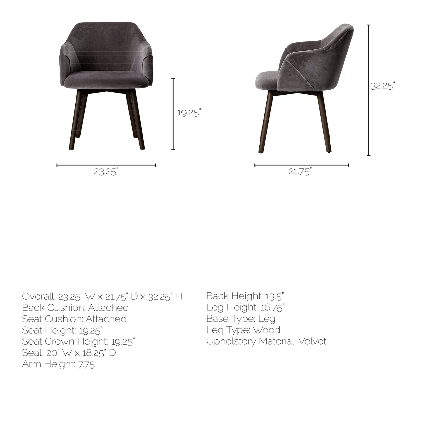 Ronald Dining Chair Gray Velvet | Black Wood (Armchair) - dining-chairs