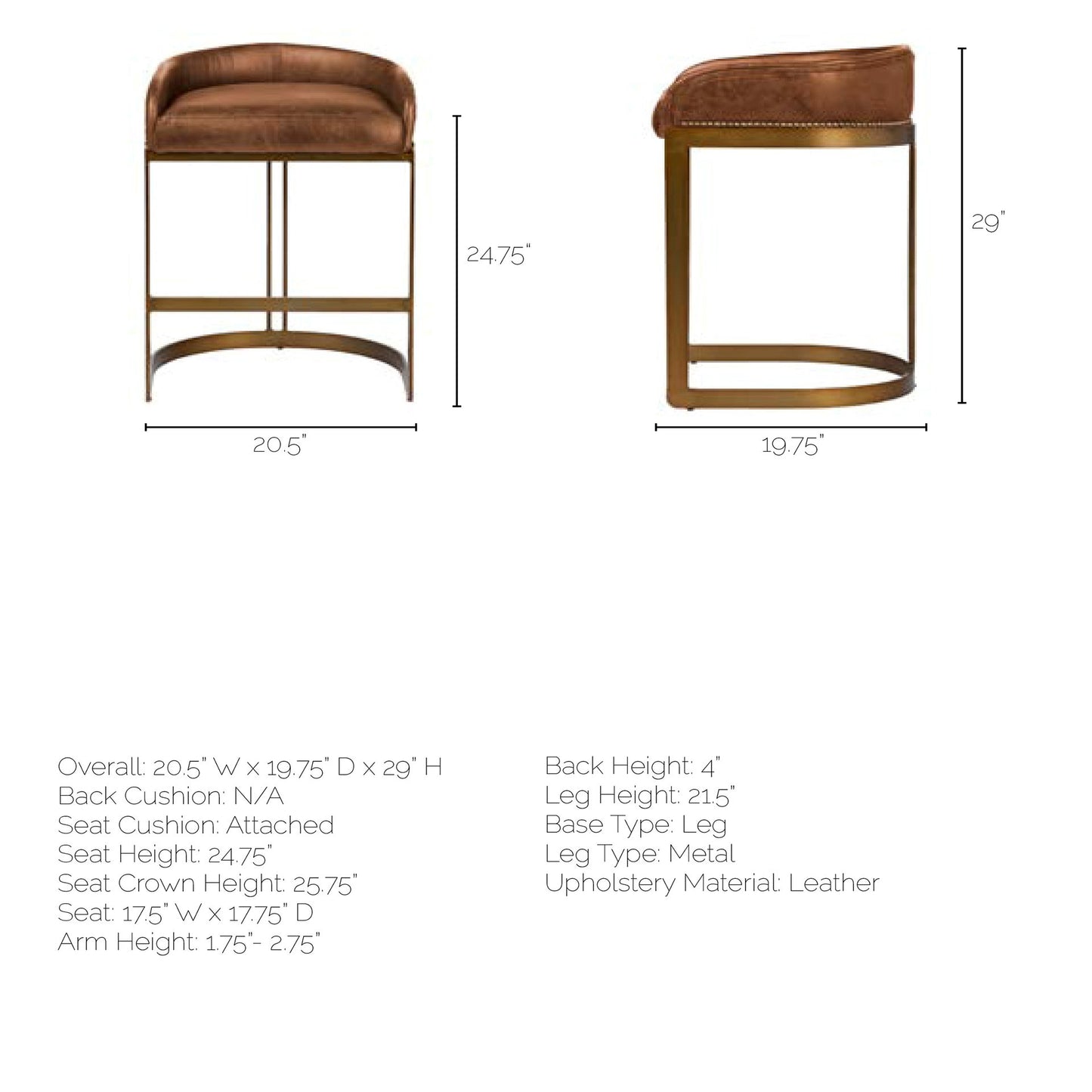 Hollyfield Bar Counter Stool Brown Leather | Gold Metal | Counter - bar-stools