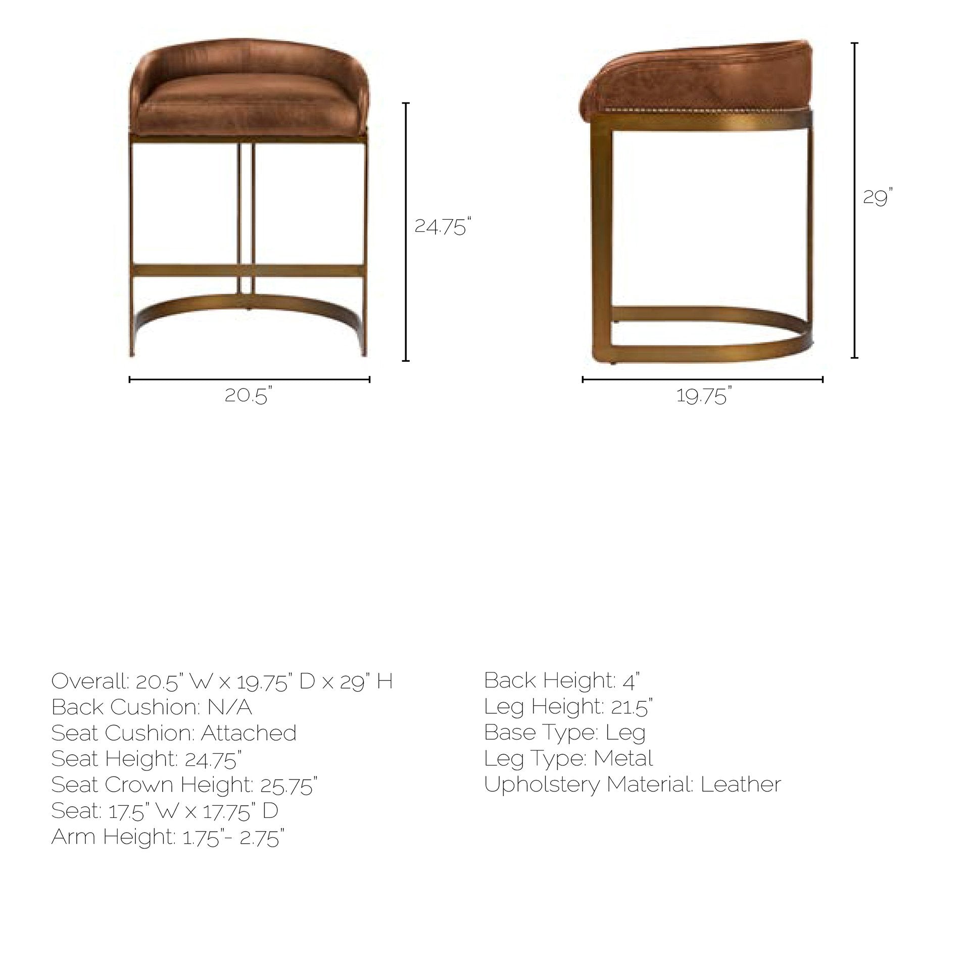 Hollyfield Bar Counter Stool Brown Leather | Gold Metal | Counter - bar-stools