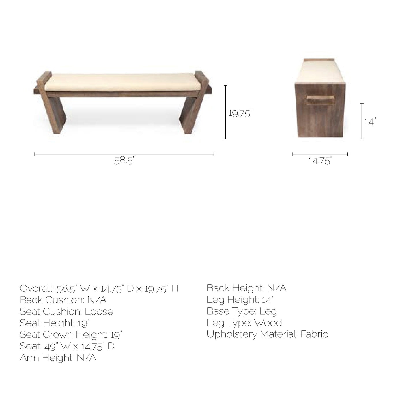 Elaine Bench Cream Fabric | Brown Wood - benches