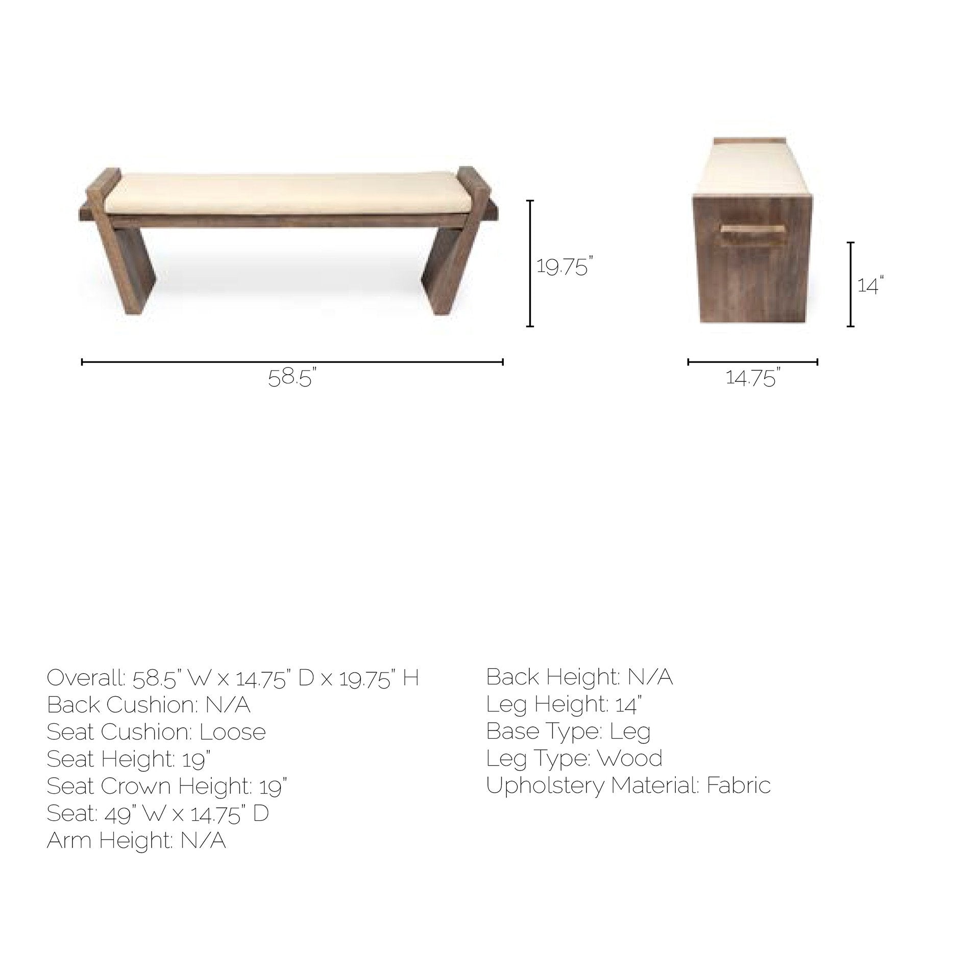 Elaine Bench Cream Fabric | Brown Wood - benches