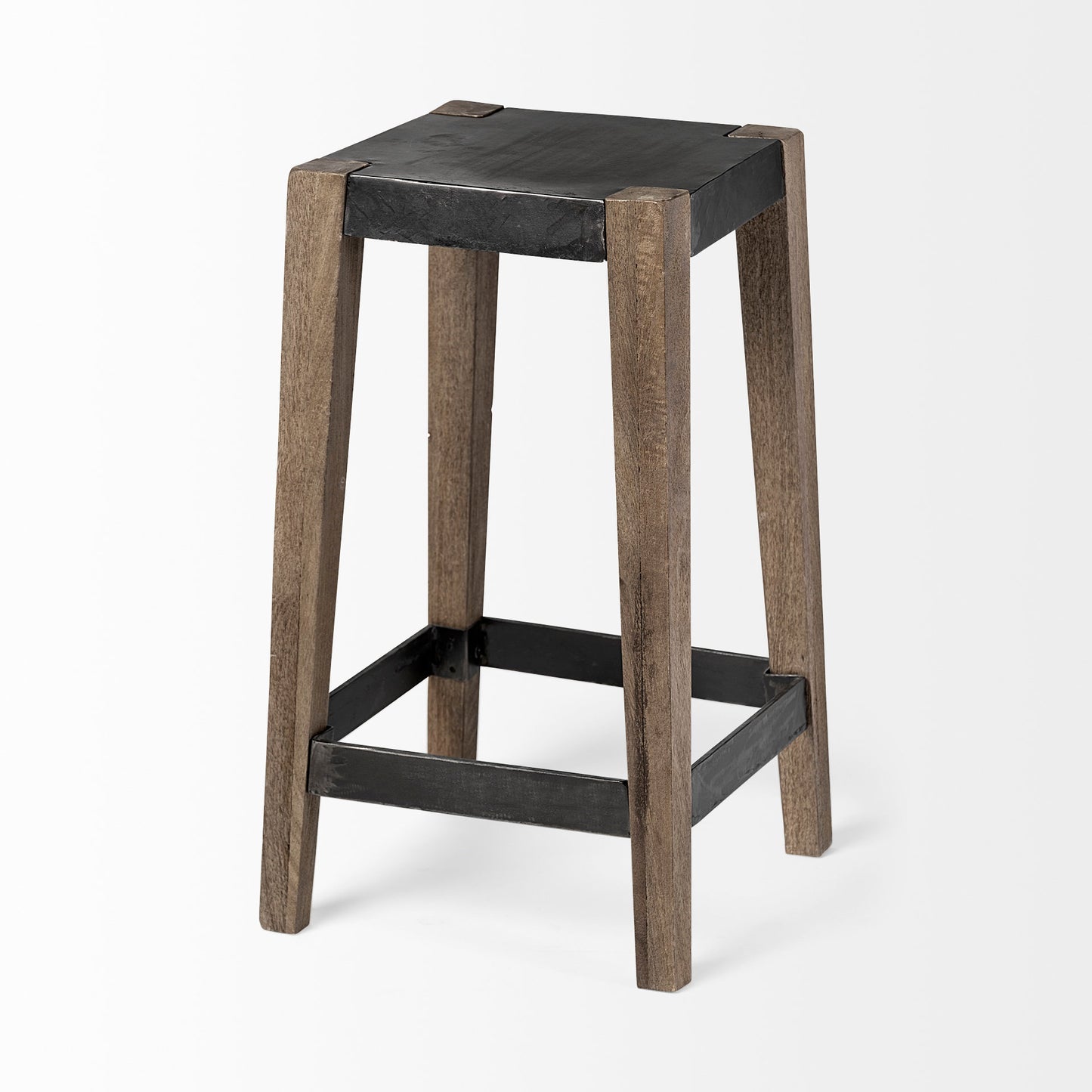 Nell 26" Seat Height Black Metal Seat & Foot Rest With Brown Wood Legs Stool