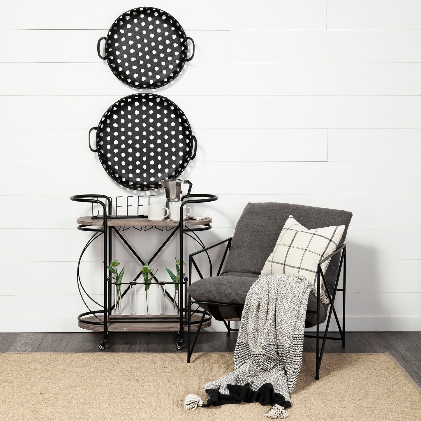 Marlon Black Metal Frame Two Tier Shelves w/Stemware holder Bar Cart