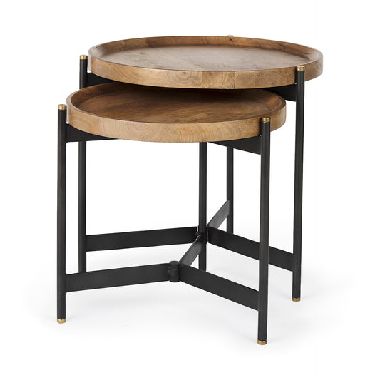 Marquisa (Set of 2) 22.5L x 22.5W x 20.8H Light Brown Wood W/ Black Metal Base Nesting Side Tables