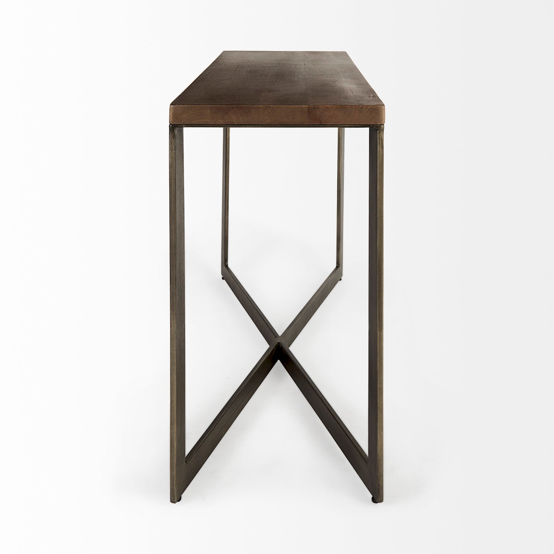 Faye 50L x 15W x 30H Medium Brown Wood W/Antique Nickel Metal Base Console Table