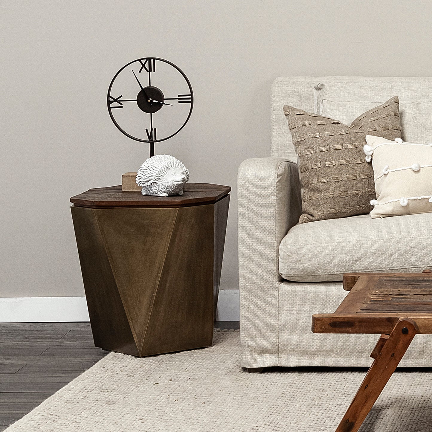 Esagono End Side Table Natural Wood | Brass - end-and-side-tables