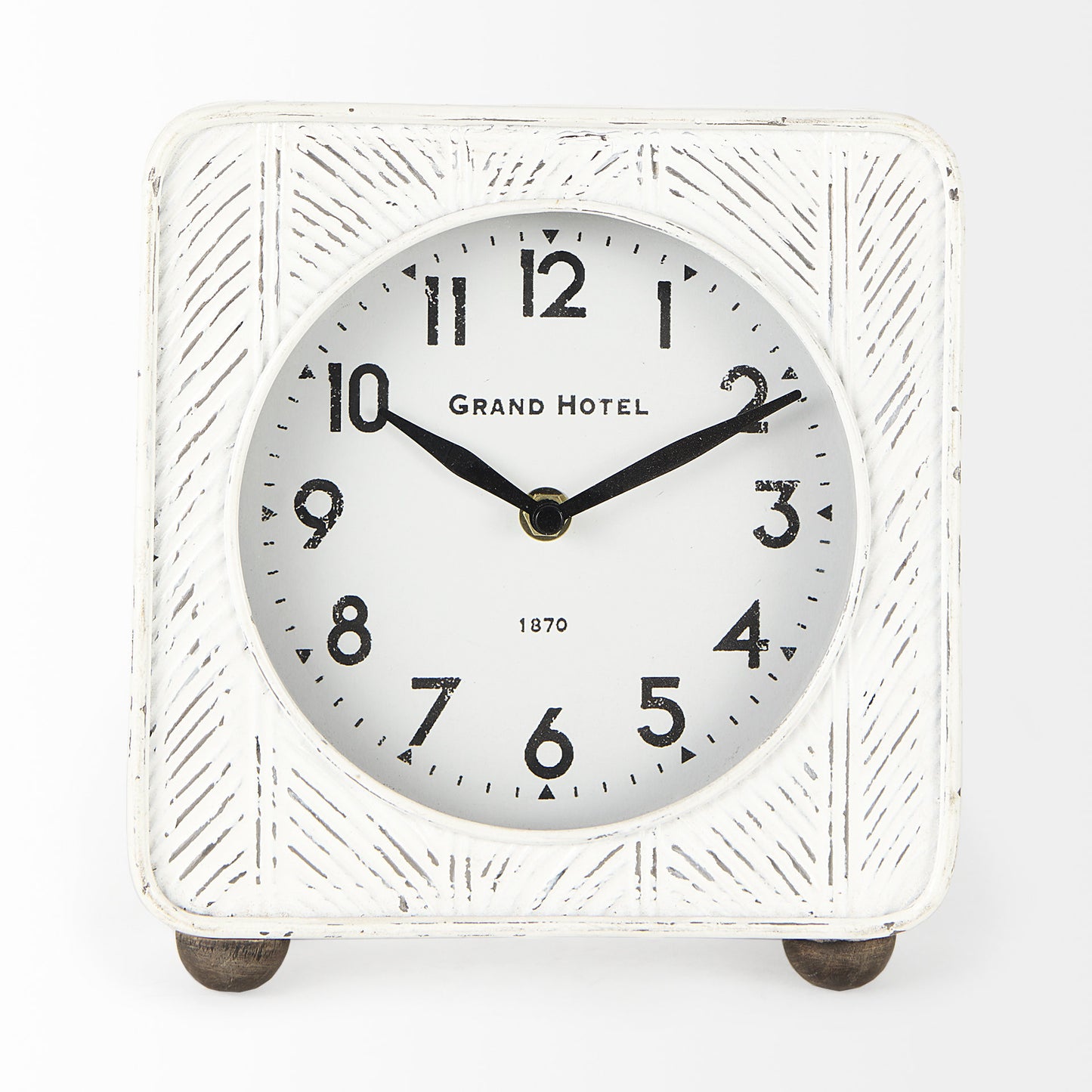 Karl 8.0L x 2.8W x 8.8H Rustic White Iron Rounded Square Table Clock