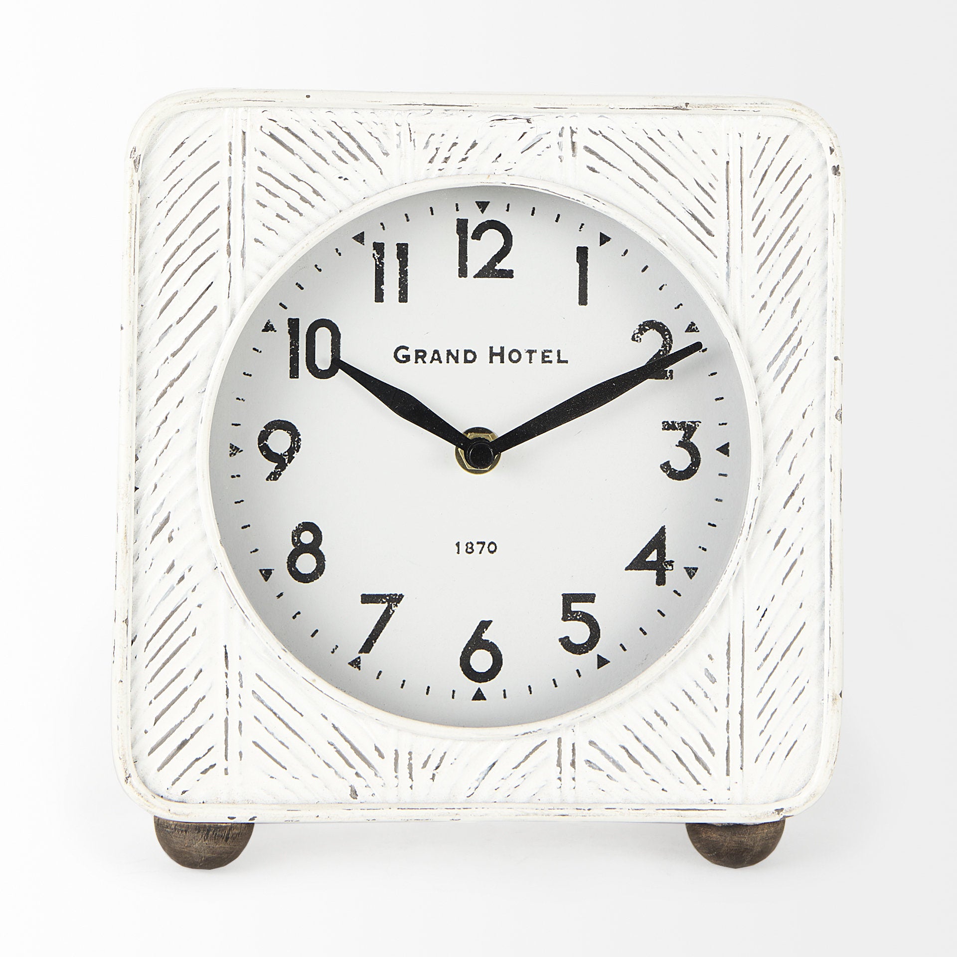 Karl 8.0L x 2.8W x 8.8H Rustic White Iron Rounded Square Table Clock