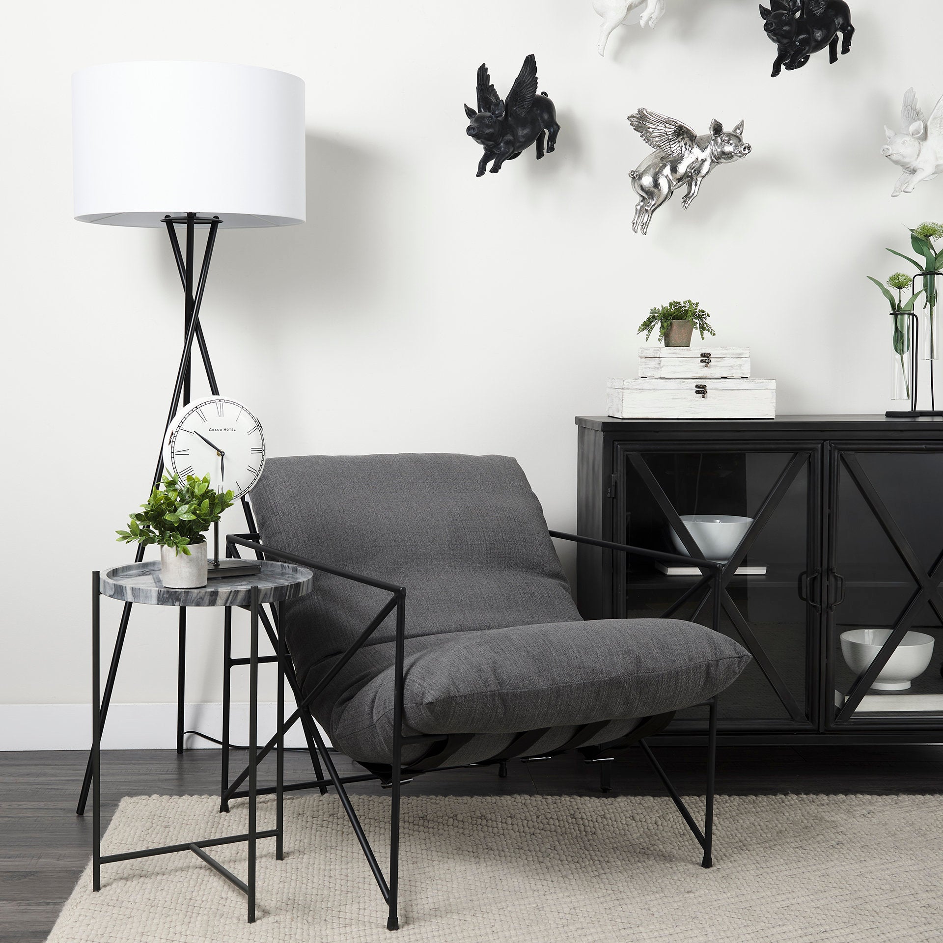 Leonidas Upholstered Accent Chair Gray Fabric | Black Metal - accent-chairs