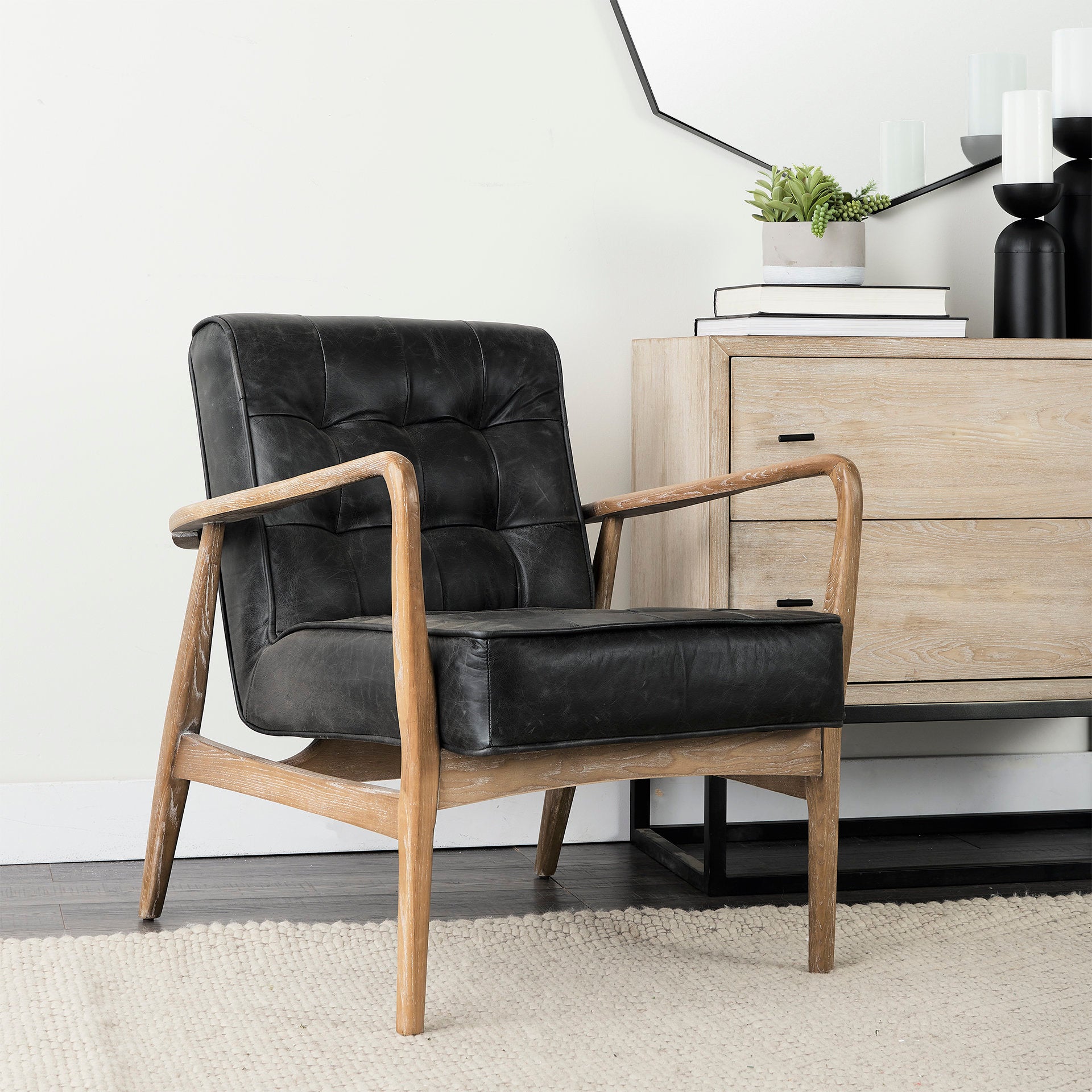 Phineas Leather Accent Chair Black Leather | Brown Wood - accent-chairs