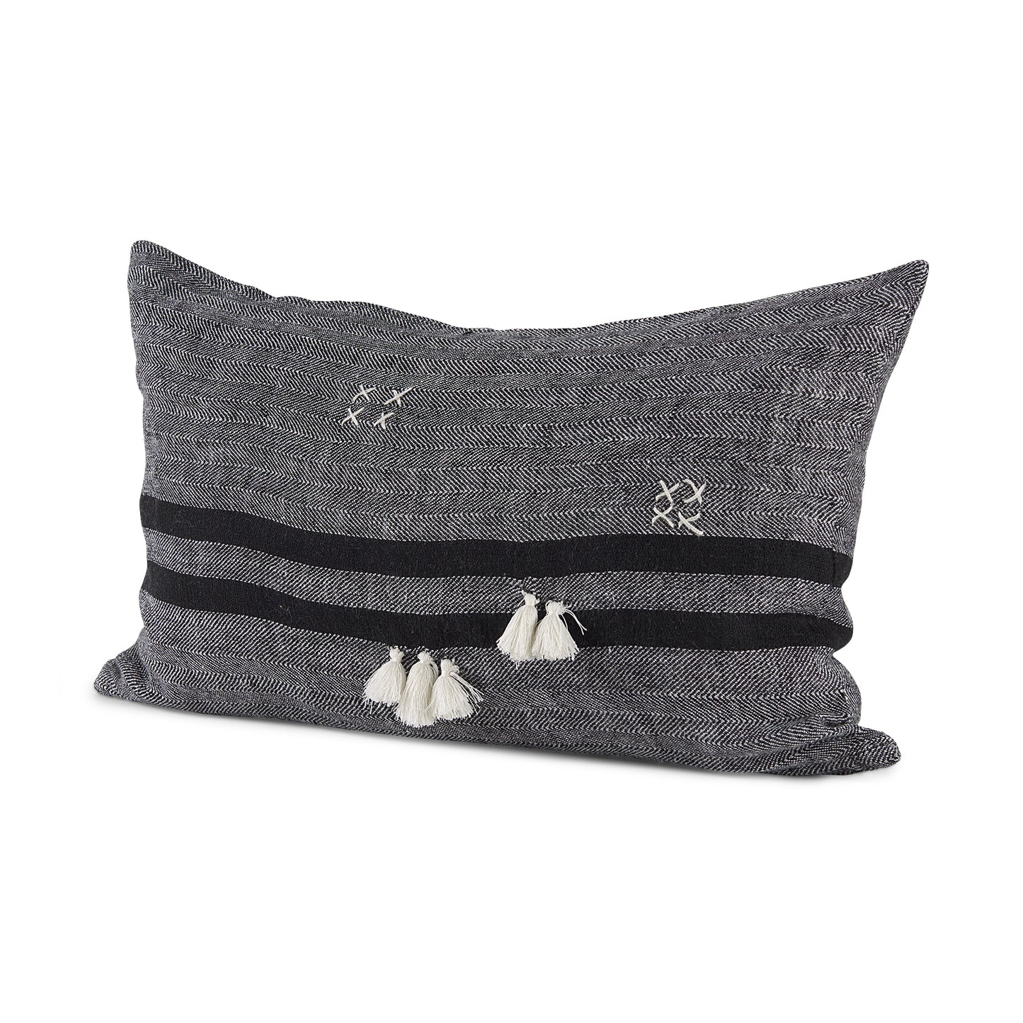 Sibyl 13x21 Black Fabric Striped and White Fringed Pillow Cover