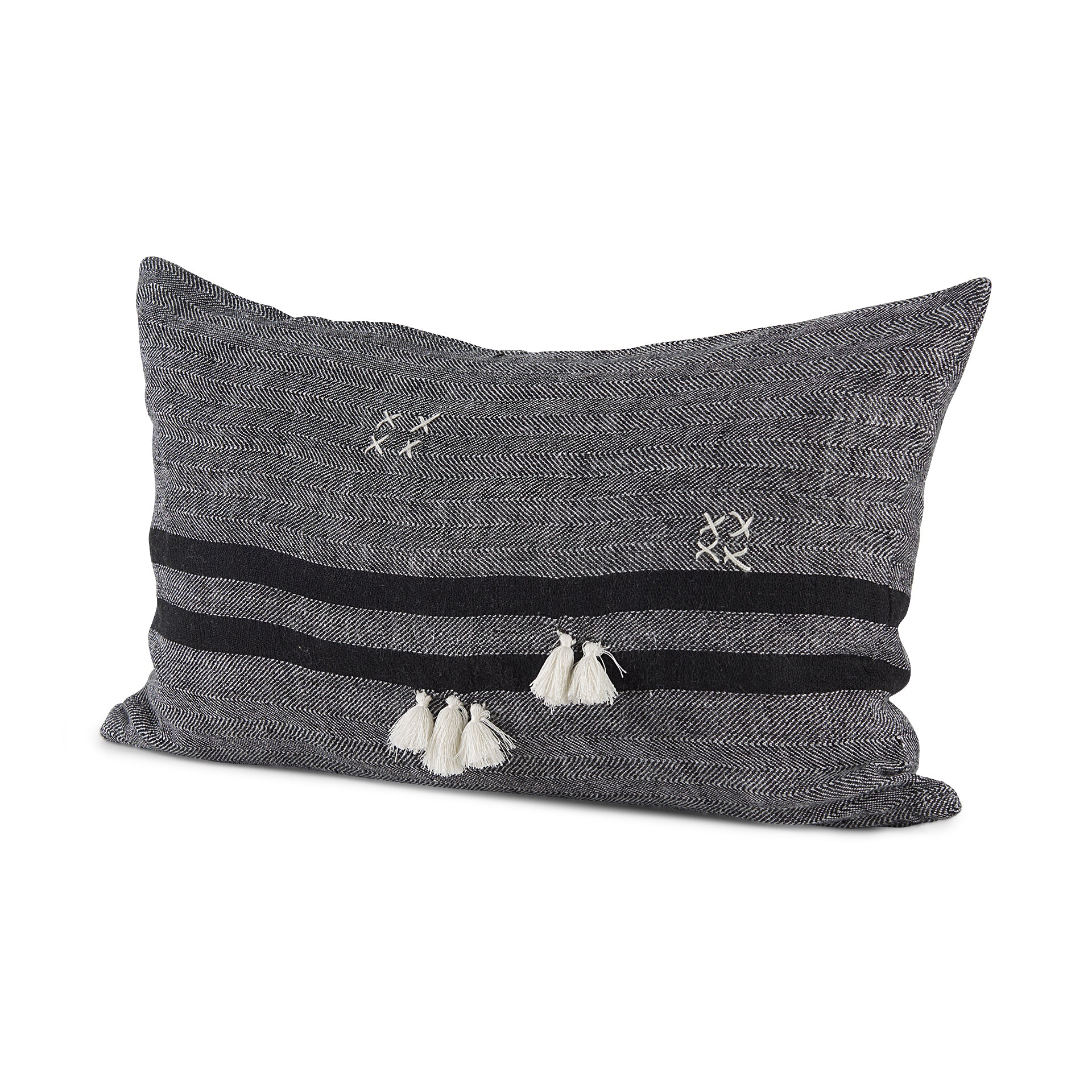 Sibyl 13x21 Black Fabric Striped and White Fringed Pillow Cover