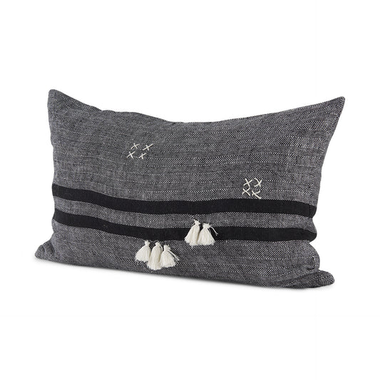 Sibyl 13x21 Black Fabric Striped and White Fringed Pillow Cover