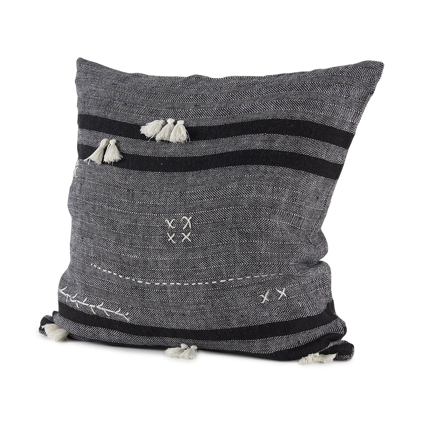 Sibyl 18L x 18W Black Fabric Striped and White Fringed Decorative Pillow Cover