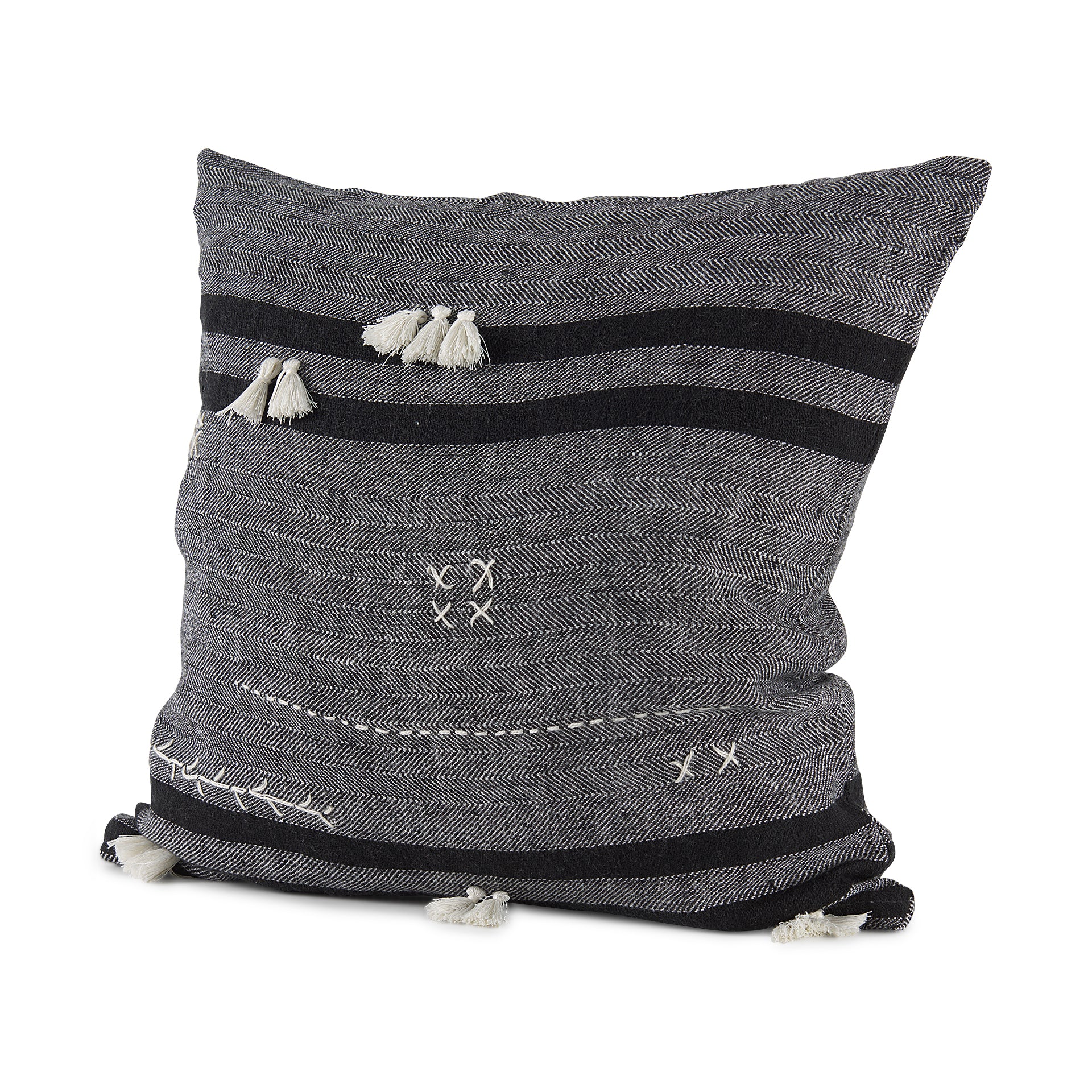 Sibyl 18L x 18W Black Fabric Striped and White Fringed Decorative Pillow Cover
