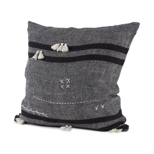 Sibyl 18L x 18W Black Fabric Striped and White Fringed Decorative Pillow Cover