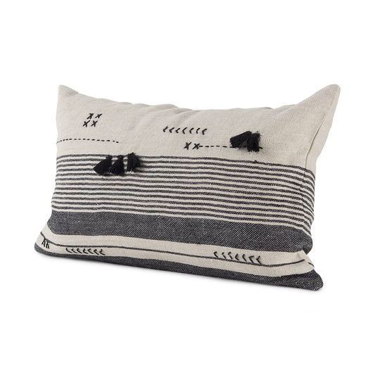 Thalia 13x21 Black and Beige Fabric Striped w/Fringe Pillow Cover