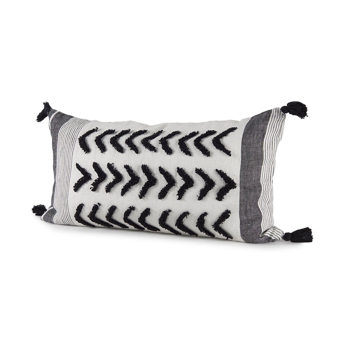 Kimia 14x26 White/Black Fabric Herringbone w/Fringed Pillow Cover