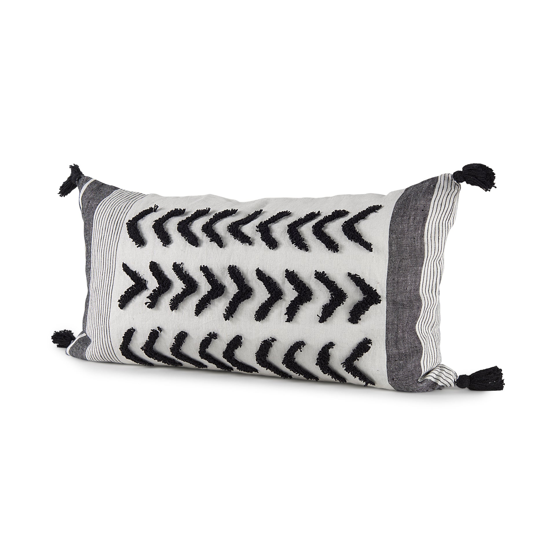 Kimia 14x26 White/Black Fabric Herringbone w/Fringed Pillow Cover